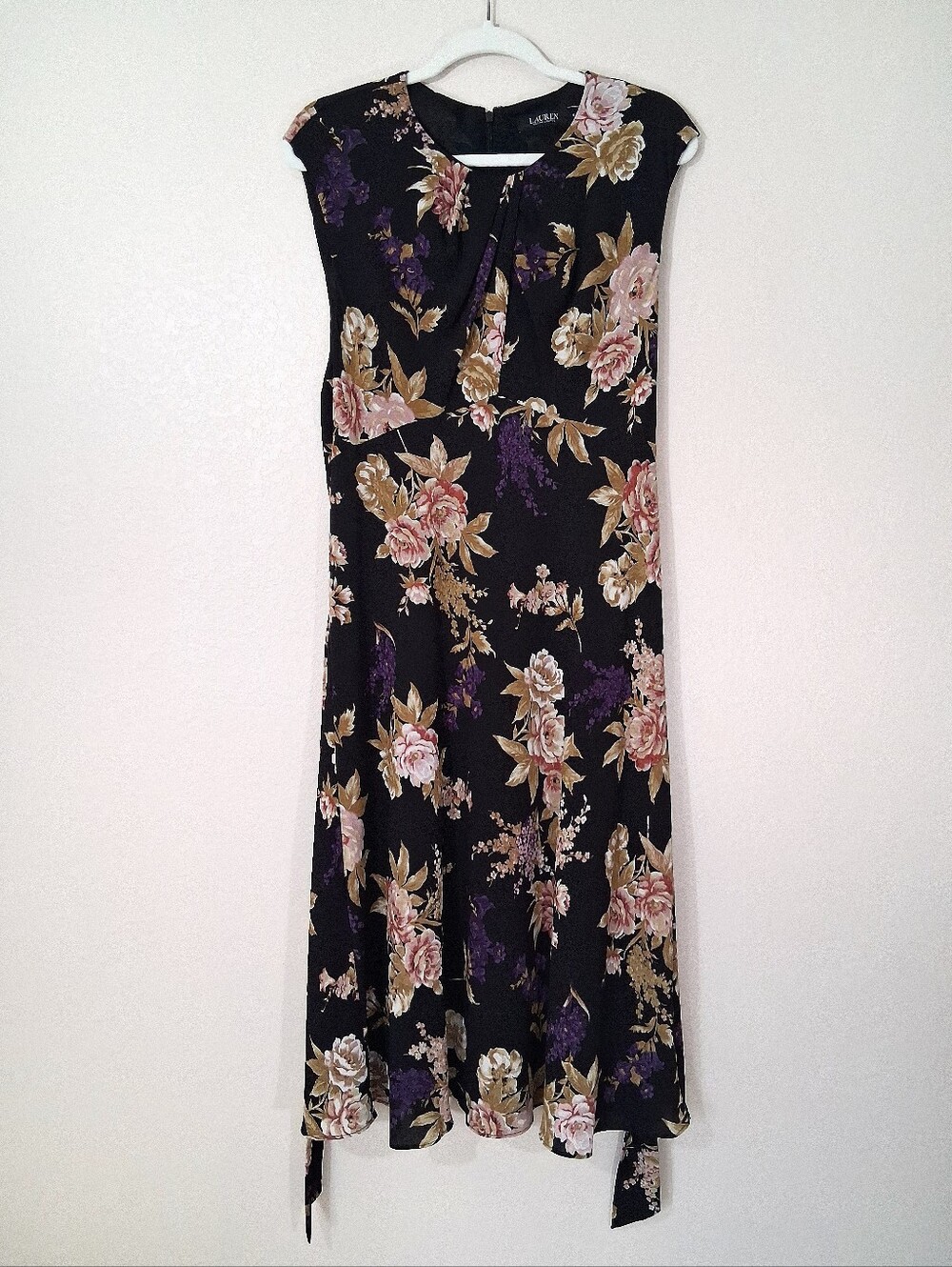 Lauren Ralph Lauren 16 Floral Cap Sleeve Tie Front Midi Dress Career Work Black